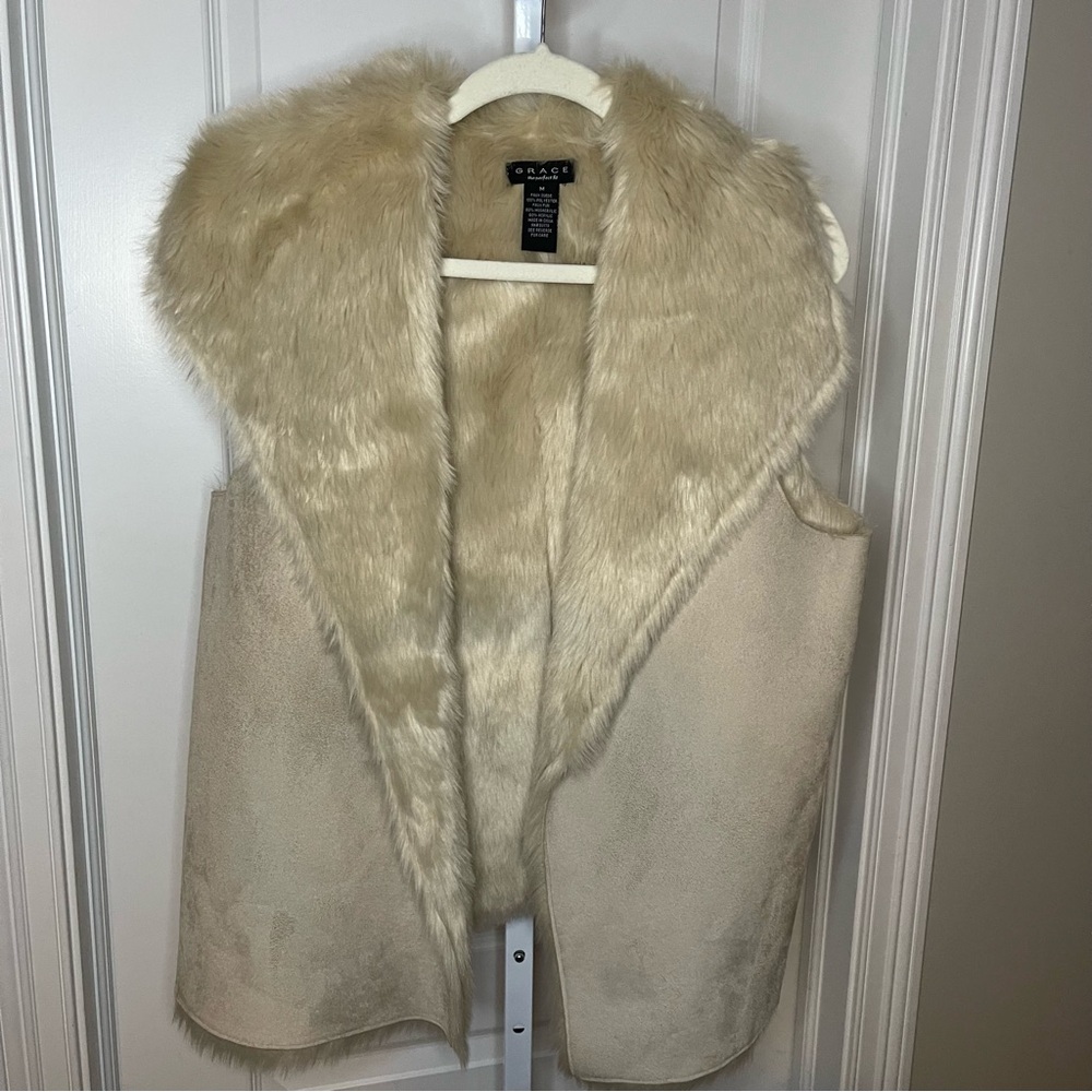 Grace Faux Fur Vest Medium Beige Suede Look Sleeveless Open Front NWOT